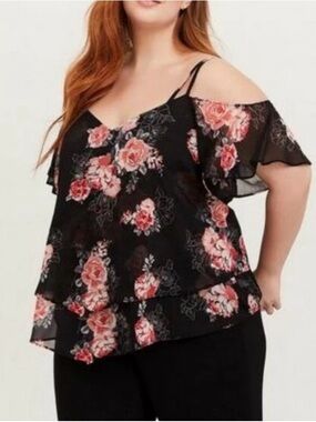torrid Black Floral V-Neck Flutter Sleeve Blouse with Coral Accents